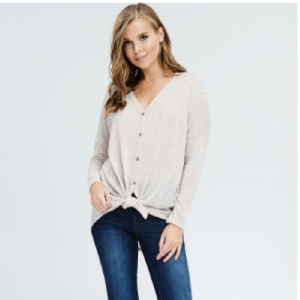 Beige Knit thermal button down tie sweater top